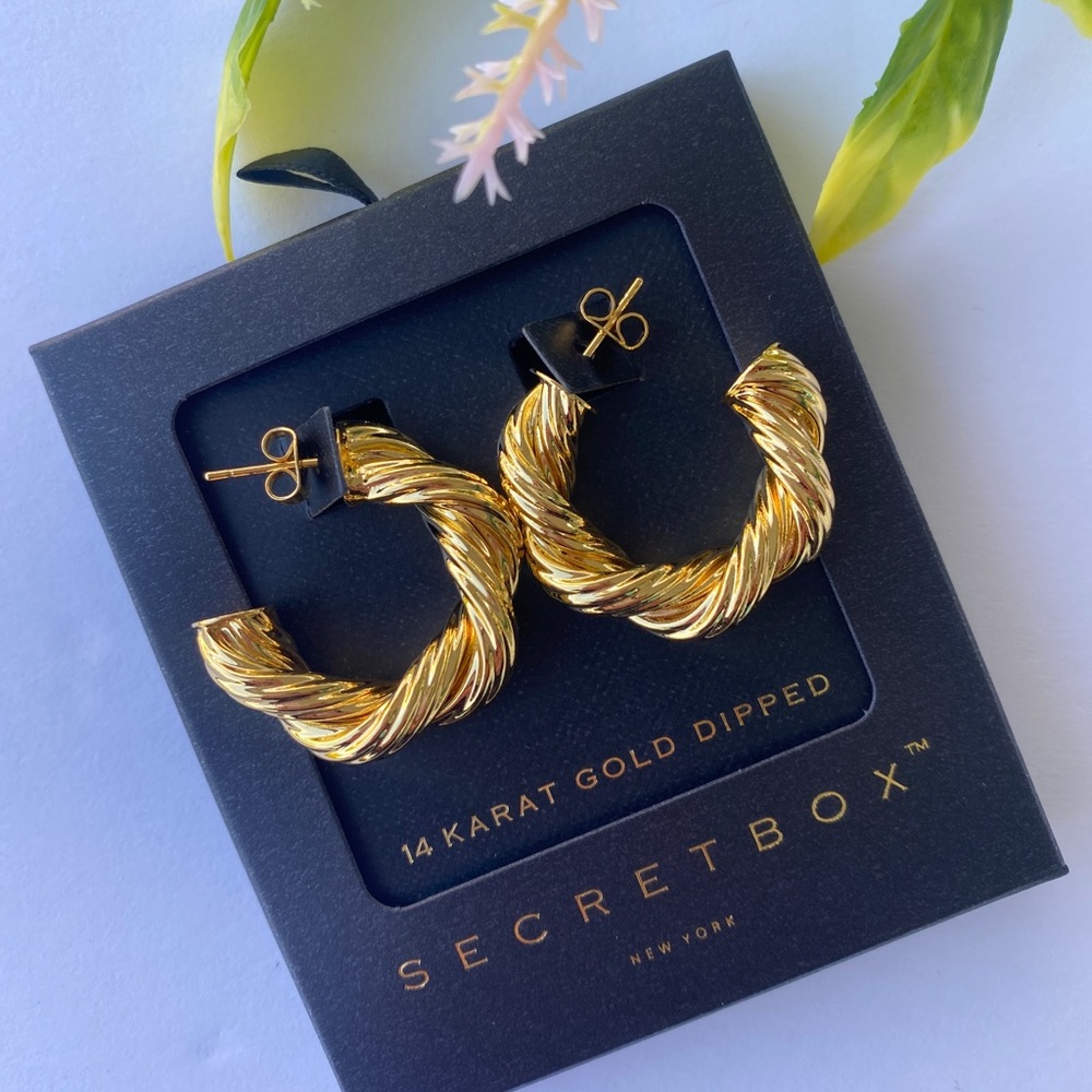 SecretBox TWISTED CROISSANT HOOPS Brass earrings dipped in Genuine 14K gold.